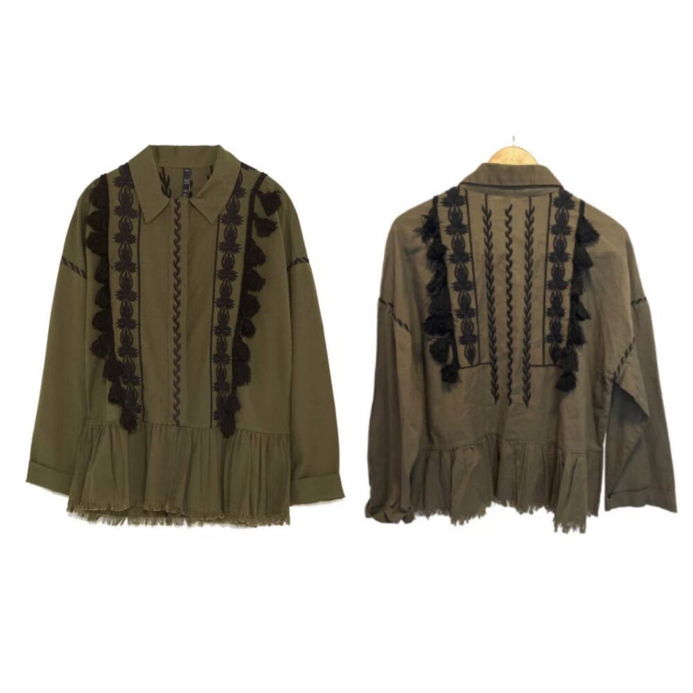 Zara TRF NEW Shacket XL Cotton Linen Blend Embroidered Pom Pom Boho Chic Artisan